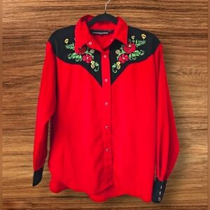 RARE Vintage Danali Western Bright Red & Black Rose Pearl Snap Longsleeve Top M